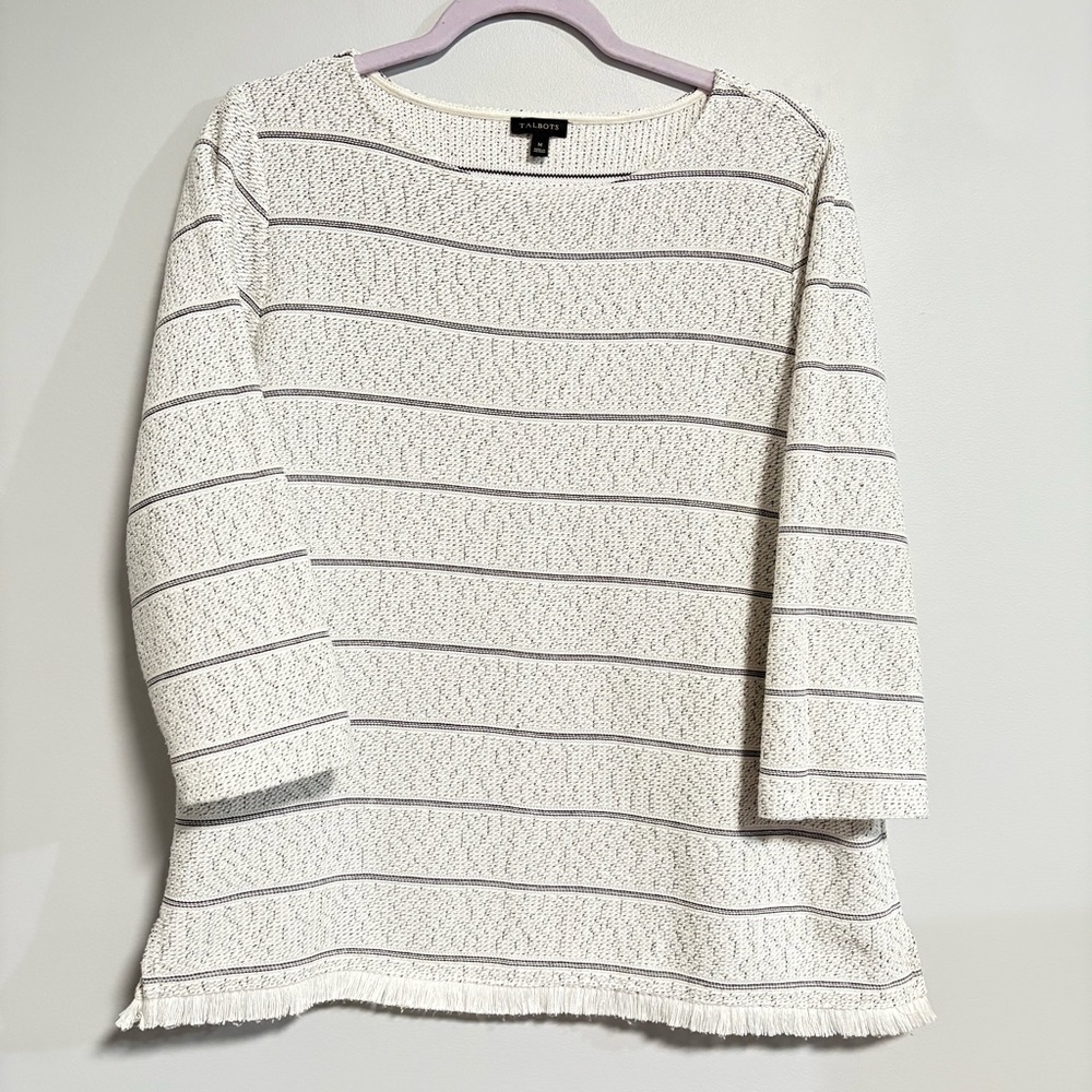 Talbots White and Gray Striped Women's boho fringe Top medium